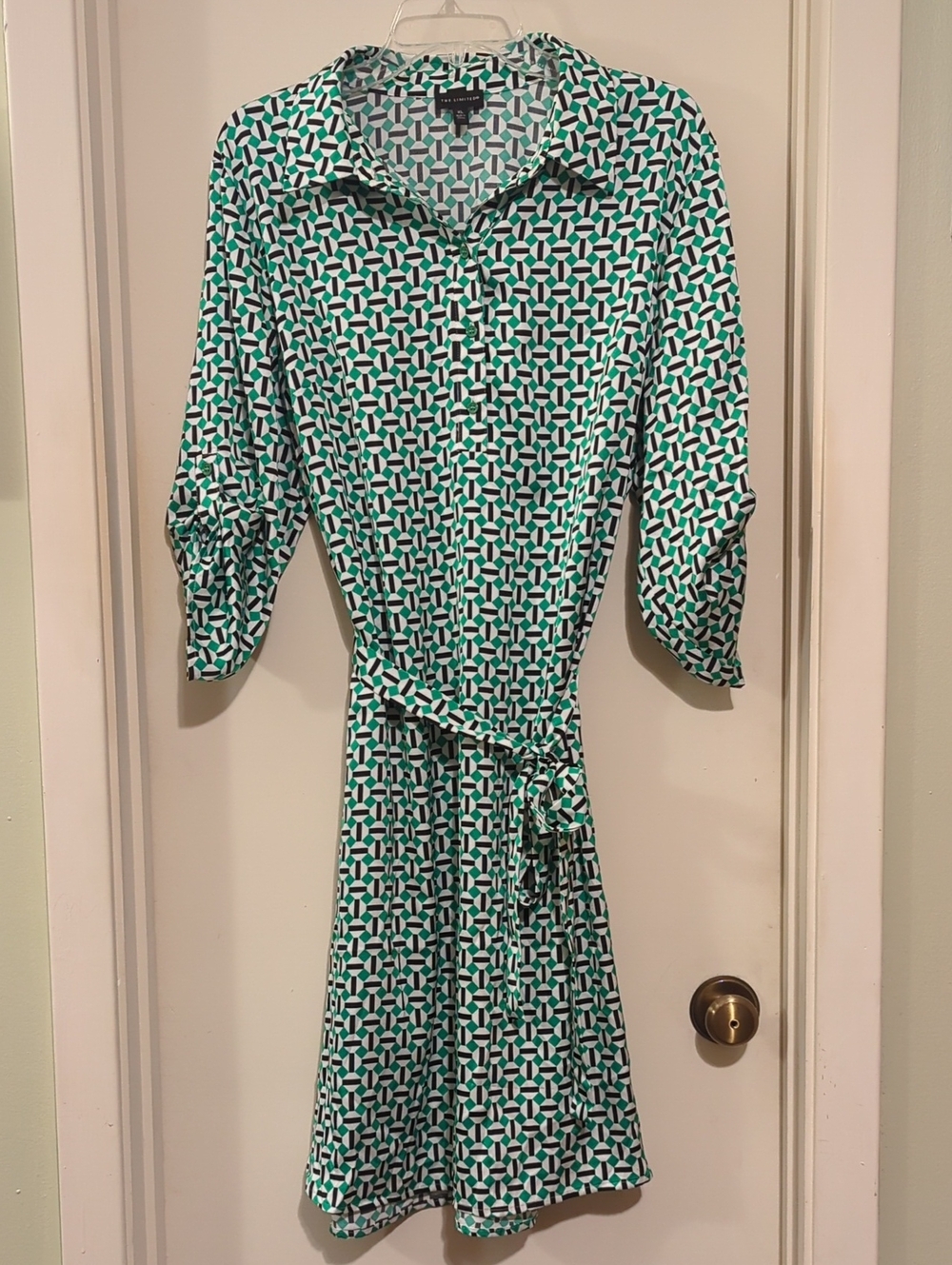 The Limited Green and White Geometric Tie-Waist Shirt Dress